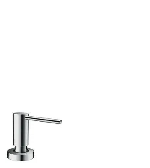 Spülmittel- und Lotionspender in Chrom-Finish von Hansgrohe. Zylinderförmiger Körper mit schmalem Auslauf, montiert auf einer runden Basis.